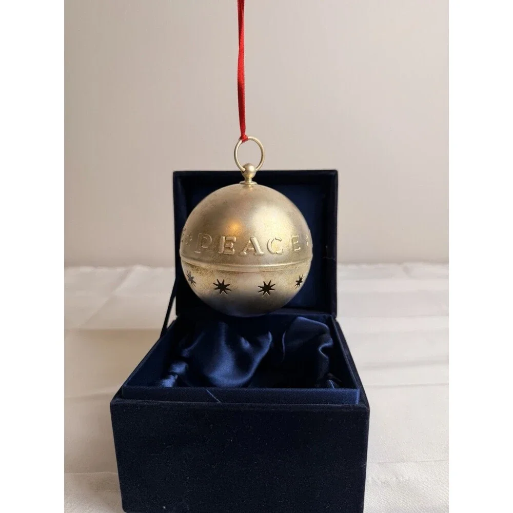 Holiday Home Peace Ball Christmas Ornament, Silver Metal Stars, Hanging, Box